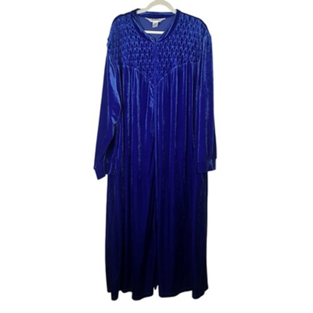 The Vermont Country Store Robe Womens 3X Blue Velour Smocked Full Zip Long Cozy